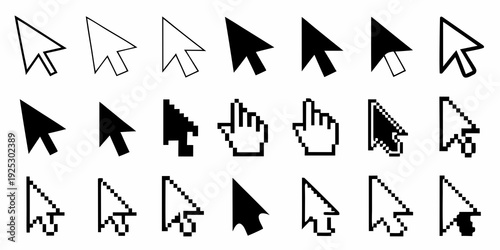 Collection of various computer cursors and hand pointer icons in black and white