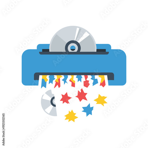 Paper shredder with colorful confetti stars and documents for celebration or office cleanup