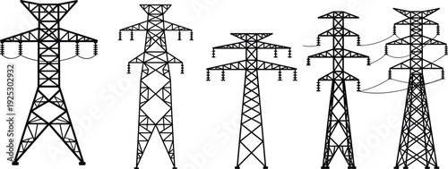 High Voltage Electric Power Transmission Lattice Tower Icons Set Isolated on White Background for Energy Infrastructure Engineering and Electricity Distribution Vector