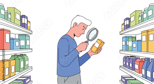 An older man examines a product with a magnifying glass between two shelves of colorful packaged goods in a store.