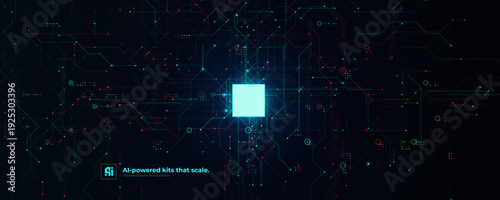 AI Chipset Artificial Intelligence Logo Background. Glow CPU Microchip Dark Tech Futuristic Circuit Pattern BG Design. Chip Board Backdrop Digital Cloud Future Data Technology. Vector illustration