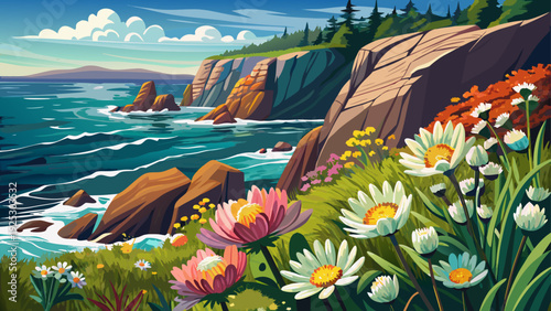 Very beautiful close-up coastal wildflowers blooming near Acadia’s rocky shores with Atlantic waves shimmering behind.
