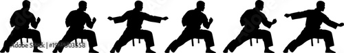 Martial arts silhouette vector set, kung fu fighter poses collection, combat training illustration isolated black action icons