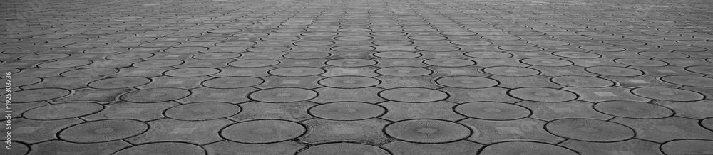 Naklejka premium Geometric gray concrete tile with eco parking cells With round circles texture pattern Top aerial view, paving stones, block tiles made of concrete in the form of connected circles Perspective view