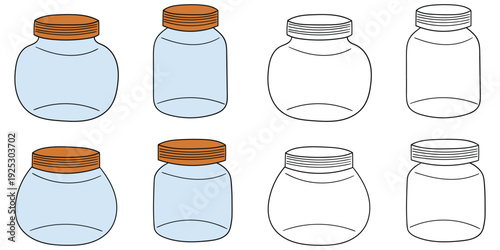 Hand-drawn cartoon and doodle set of closed empty glass jars on a white background.
