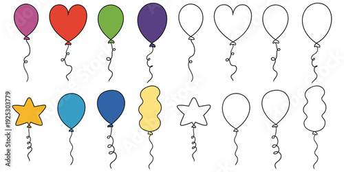 Hand-drawn cartoon and doodle set of balloons on a white background.