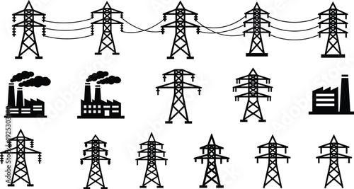 Power line transmission towers and factory plant icons set for electricity infrastructure energy generation distribution industrial engineering and utility supply.