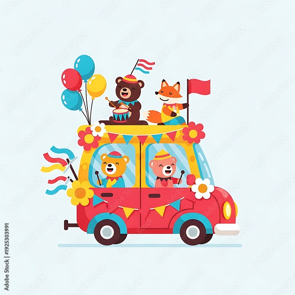 Obraz premium Colorful Cartoon Car with Animals and Balloons.