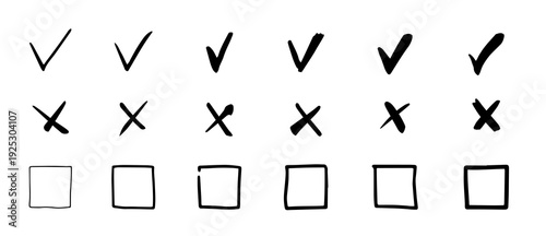 Check marks hand drawn doodle vector set. Handwriting charcoal pencil correct or incorrect symbols. Doodle vote strokes marks for check list items. 