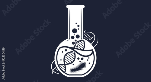 Scientific illustration of laboratory equipment with DNA in a flask, viewed from front