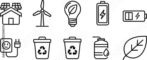 Eco friendly icon bundle for sustainable living and green energy concepts