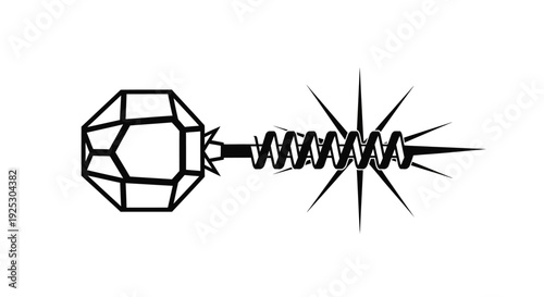 A stylized illustration of a gemstone connected to a coiled spring, surrounded by explosive energy
