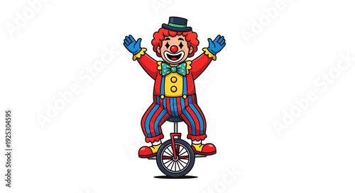 Cheerful circus clown riding a unicycle with colorful costume, curly red hair, and playful pose.