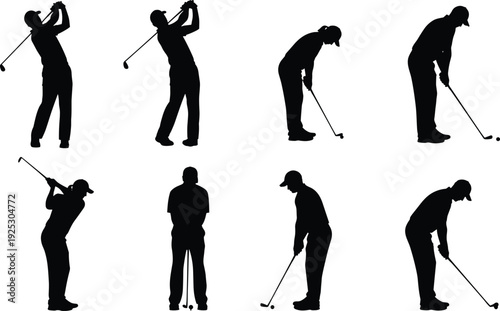 Professional golf player silhouette set with male and female golfers in various swing poses, putting, and driving for sports design.