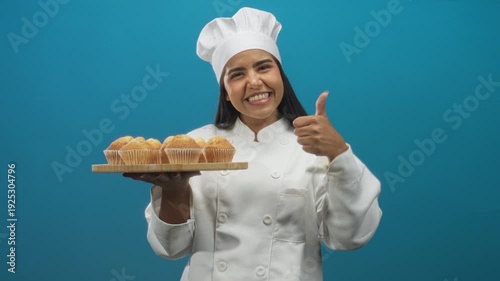 Woman chef holds wooden tray of muffins while smiling and presenting with right hand thumbs up in studio; pride approval.