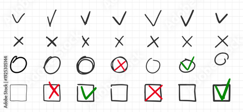 Check marks hand drawn doodle vector set. Handwriting charcoal pencil correct or incorrect symbols. Doodle vote strokes marks for check list items. 