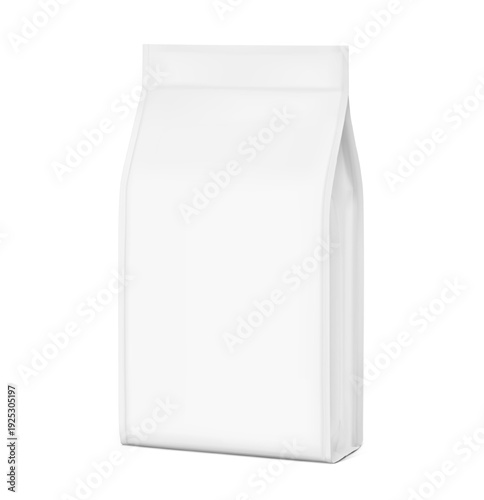 Vertical flat bottom gusset bag mockup for food, sport nutrition. Half side view. Vector illustration isolated on white background. Can be use for template your design. EPS10.