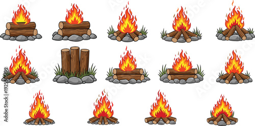 Campfire Bonfire Vector Set with Burning Wood Logs, Stone Fire Pit Flames and Outdoor Camping Illustration Collection