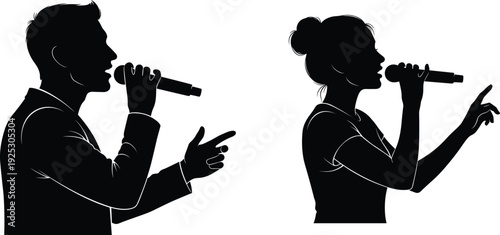 Professional male and female singers silhouette holding microphones performing vocal music concert at studio event isolated on white background vector illustration.