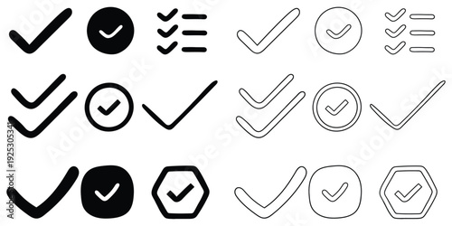 Hand-drawn cartoon and doodle set of check mark icons on a white background.