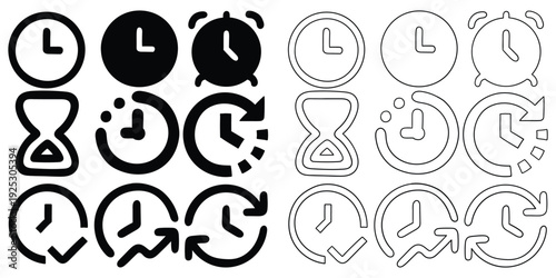 Hand-drawn cartoon and doodle set of clock icons on a white background.