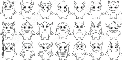 Set of cute cartoon monster characters line art coloring page for kids with various funny expressions and unique spotty patterns