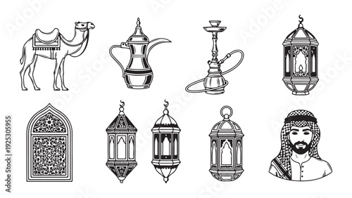 Middle eastern cultural icons set: camels, hookahs, lanterns, and more