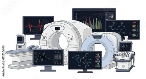 Various medical imaging equipment like CT scanners and monitors displaying data, chemical structures, and DNA are clustered together on a white background.