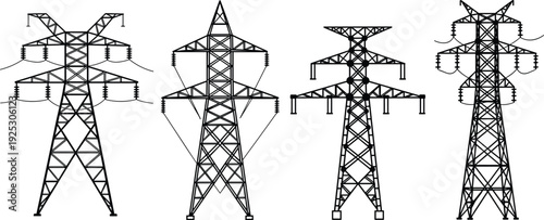 Set of high voltage electric transmission tower silhouettes for power distribution grid infrastructure industrial energy supply and electrical engineering vector