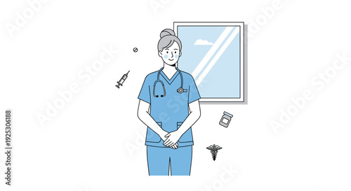 A friendly female nurse in blue scrubs with a stethoscope stands against a white background, surrounded by medical icons like a syringe and pill bottle.