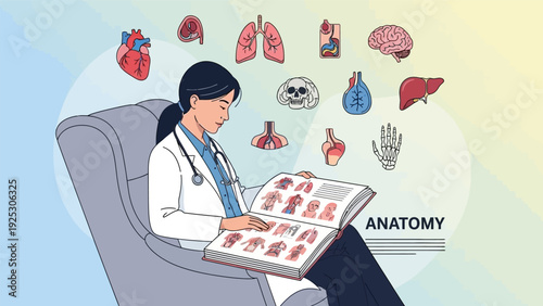 Female Doctor Reading Anatomy Textbook surrounded by Floating Human Organs | Medical Study, Biology Education, and Healthcare Research Illustration.