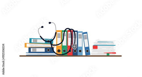 A black and silver stethoscope rests across a collection of colorful medical binders and a stack of papers on a wooden shelf.
