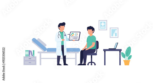 A male doctor in a white coat with a stethoscope shows a digital tablet to a male patient seated in an examination room.