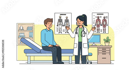 A female doctor in a white coat and stethoscope talks to a male patient seated on an examination bed in a clinic room.