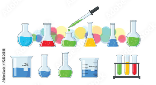 A green liquid drop is dispensed from a pipette into a round flask, surrounded by a diverse collection of colorful laboratory glassware filled with various chemical solutions.