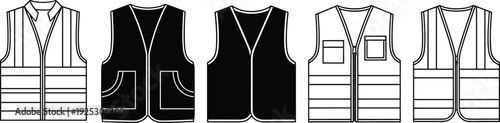 Set of safety vest line icons including high visibility reflective jackets construction workwear uniform waistcoats and industrial protective clothing vector illustrations