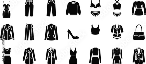 Set of women fashion clothing icons including dresses, blazers, trousers, coats, lingerie, shoes, and handbags for apparel retail and boutique branding.