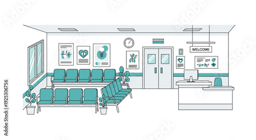 A sterile hospital waiting room presents a reception desk, multiple rows of empty teal chairs, and medical posters displayed on the white walls.