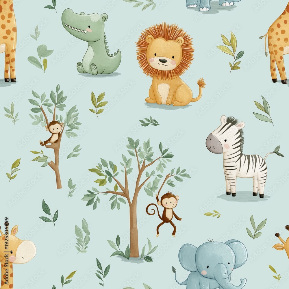 Fototapeta premium Cute cartoon jungle animals seamless pattern. Safari animals pattern with giraffes, elephants, and lions on a light blue background
