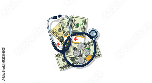 A blue medical stethoscope rests on a scattered pile of US dollar banknotes and a mix of coins, isolated on a bright white background.