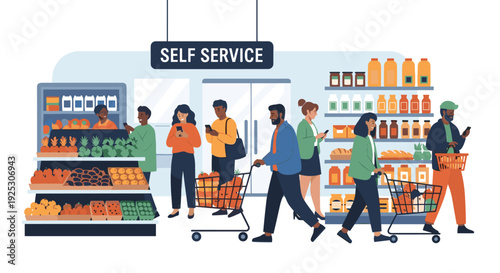 Diverse people shopping in a modern self service grocery store with full shelves of fresh produce and bottles using carts and phones.