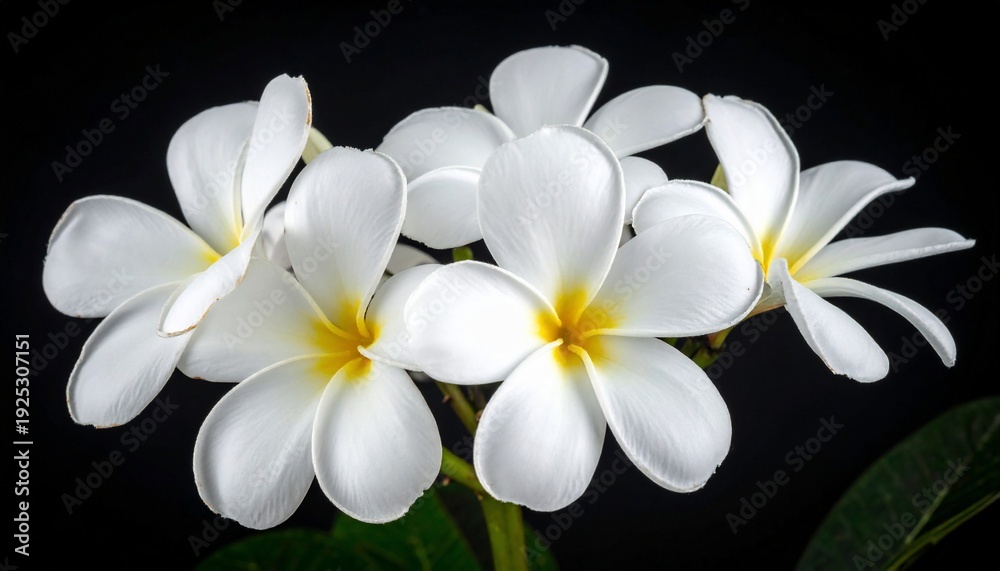 Fototapeta premium Close-up of beautiful white plumeria flowers with yellow centers against a dark background.