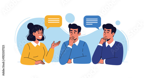 Woman explaining her creative ideas to two thoughtful men during a business brainstorming session with colorful speech bubbles.