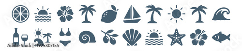 Summer beach icons set, tropical sea palm sun and wave silhouettes isolated on transparent background