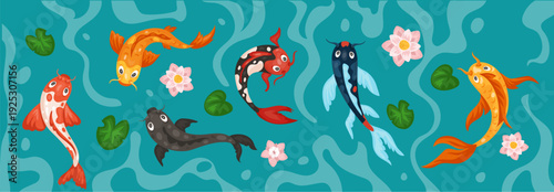 Fish in river. Japanese koi. Chinese cartoon pond. Lotus oriental banner. Traditional golden underwater. Asian carp zen, water carp. Horizontal background. Vector animal tidy nature isolated elements