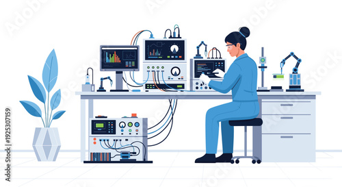 A female scientist in a blue uniform is sitting at a desk, operating advanced electronic testing equipment with multiple monitors and robotic arms.