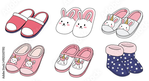 Collection of cozy and colorful indoor slippers featuring adorable animal designs like bunnies and unicorns for home comfort.