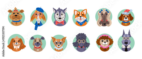 Cute dog. Happy funny pet. Avatar for doggy in circle. Face bulldog, poodle. Corgi portrait, pug. Different character. Cartoon animal, puppy. Grooming and veterinary. Vector tidy doodle isolated set