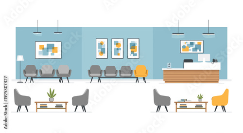 A spacious and modern clinic waiting area features a reception desk, multiple chairs, coffee tables, and abstract wall art on light blue walls.