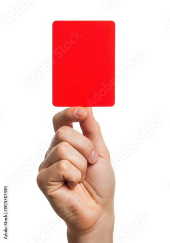Hand holding a red card, symbolizing warning or penalty, isolated on transparent background